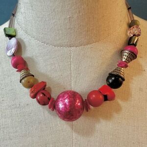 Pink beaded coral abalone necklace